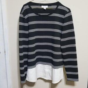 Calvin Klein Top Tunic Large Shirt-tails White Black Striped Business Casual